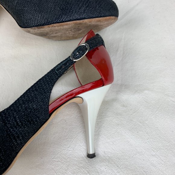 Giuseppe Zanotti Stiletto in Black Straw with Red & White Patent Heel - Picture 6 of 10